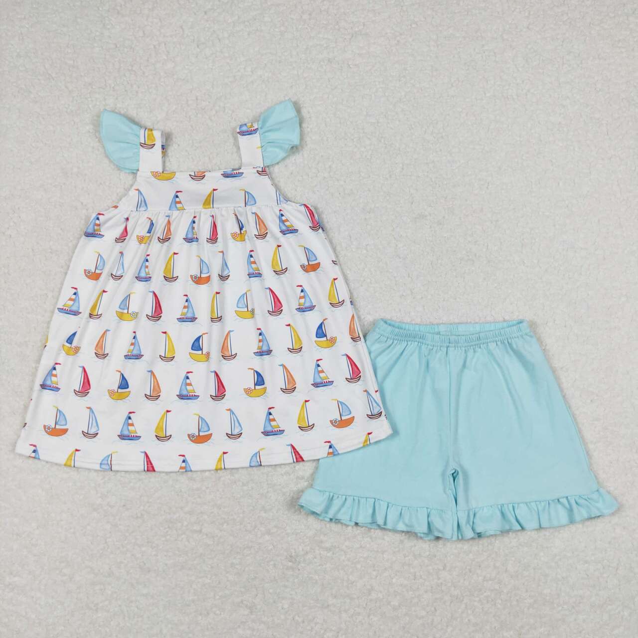 blue sailboat shorts set girl summer clothing