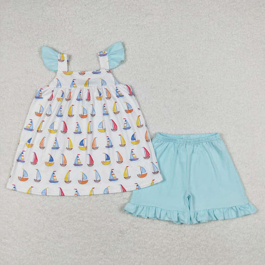 blue sailboat shorts set girl summer clothing