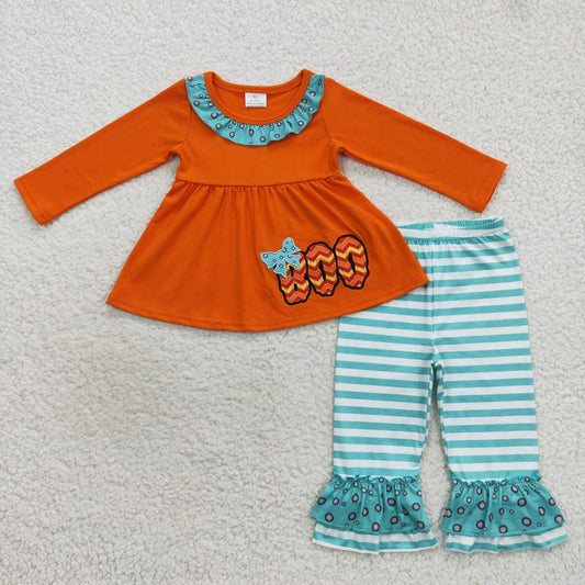 orange&blue boo embroidery ruffle pants set girls halloween outfit