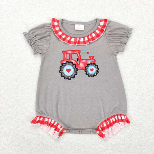 infant girl gray cotton heart tractor embroidery bodysuit