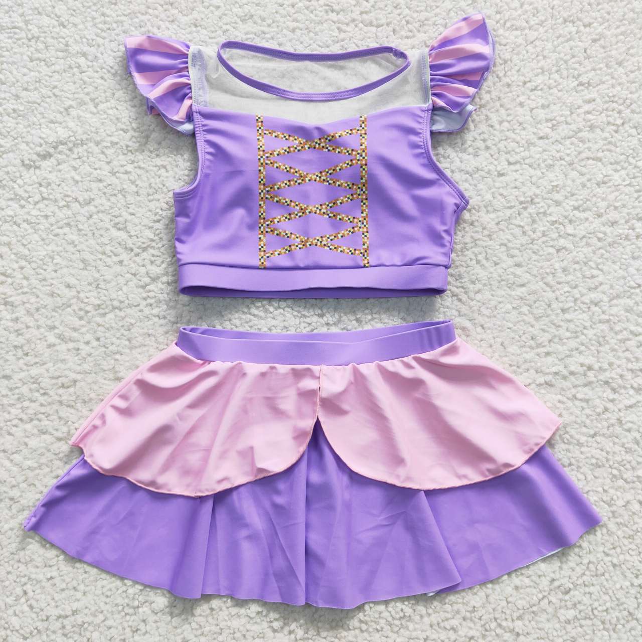 2pcs kids purple and pink princess swimsuit girl swim wear