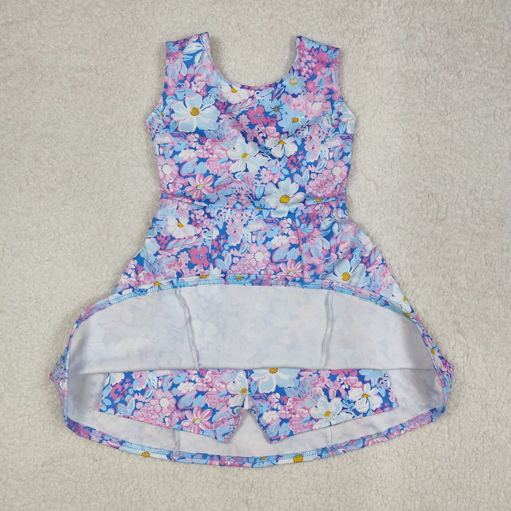 kids yoga pink blue flower one piece activewear athletic dress
