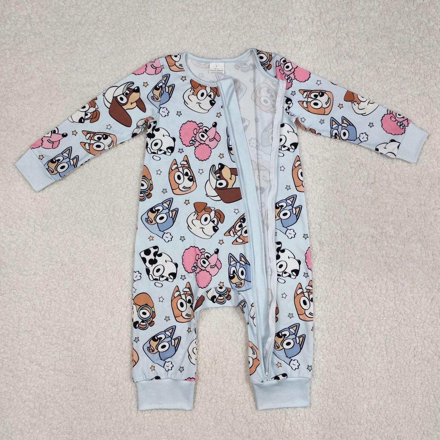 cartoon dog blu*y print long sleeve zip sleeper baby clothes