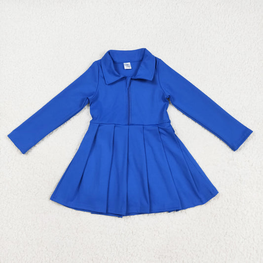 Long sleeves royal blue zipper pleated polo dress