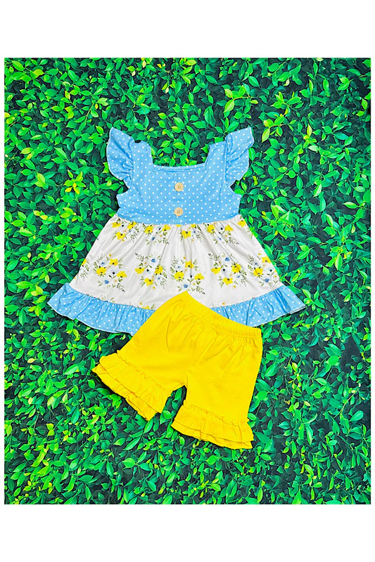 Yellow floral & polka dot ruffle 2pc set