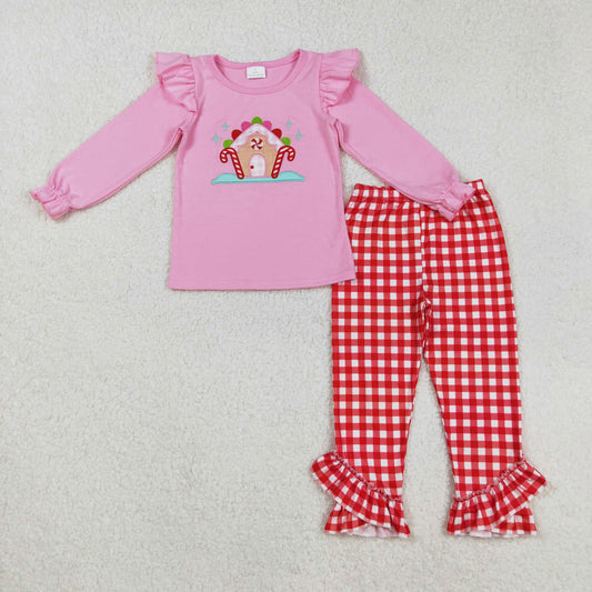 pink gingerbread house embroidery plaid pants set
