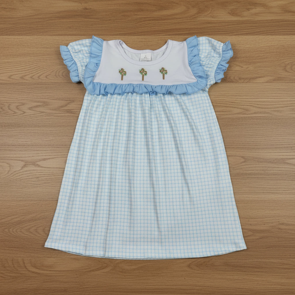 blue gingham easter cross embroidered dress