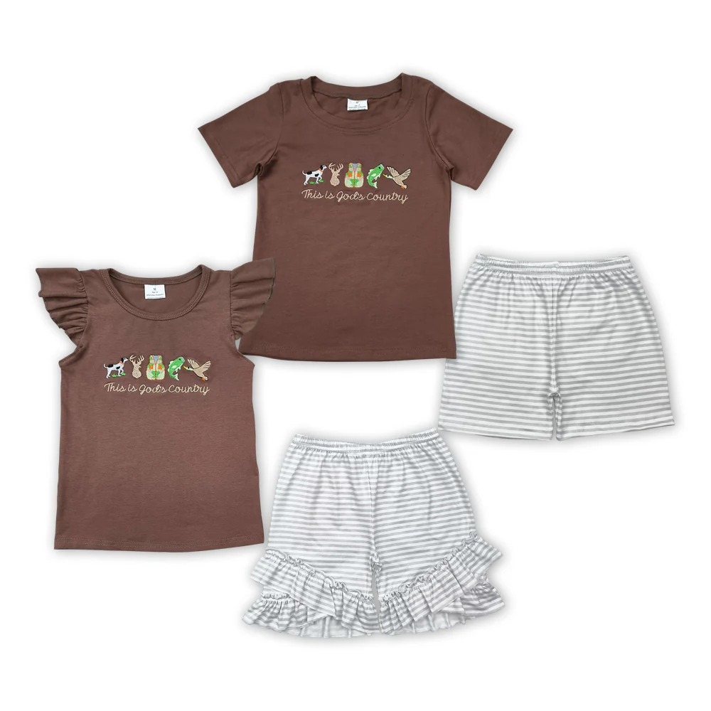 Hunter Embroidery Shorts Set Kids Sibling Easter Clothes