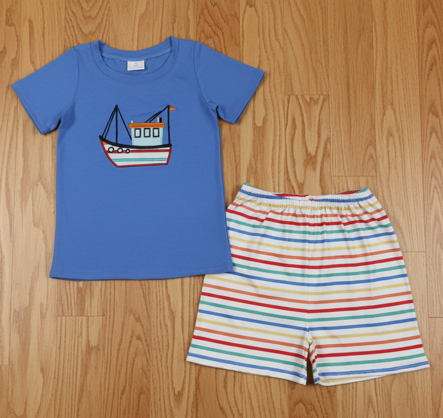 colorful stripes embroidery sailboat boy shorts set