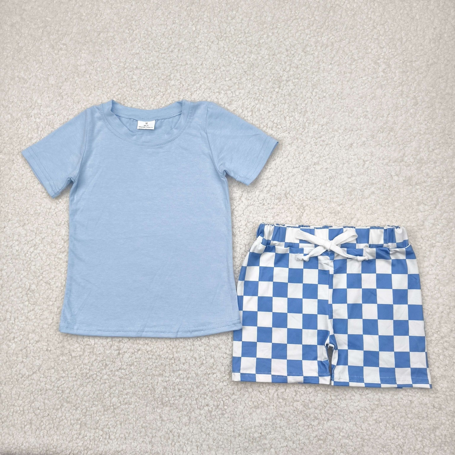 blue tee checkered shorts set