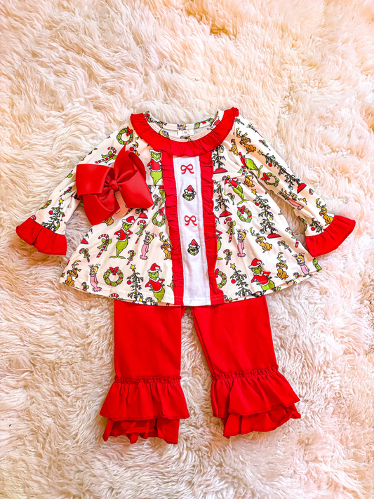 ruffle red bow gri*ch embroidery pants set Christmas toddler girl outfit