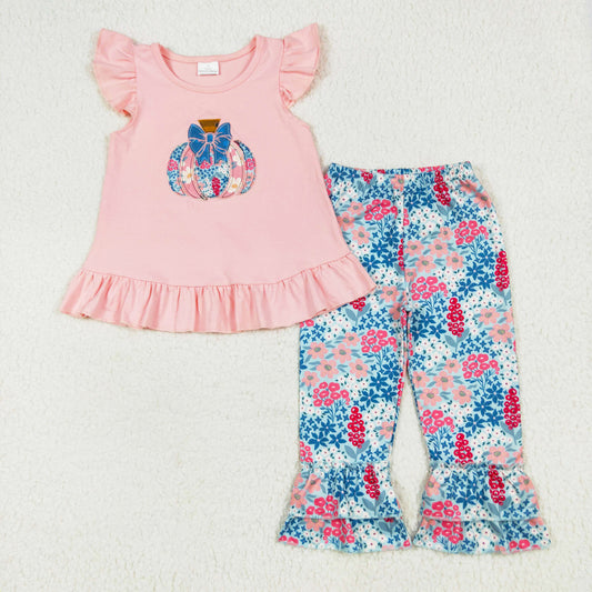 flutter sleeve floral pumpkin embroidered  pants set