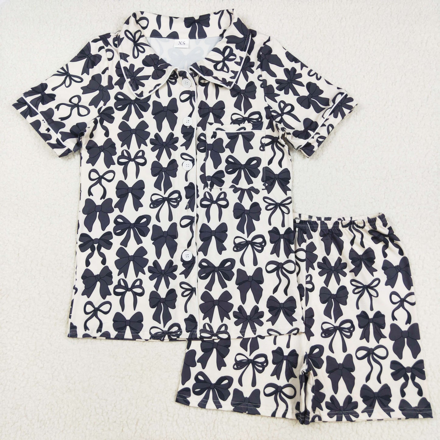 Black Bows Print Mom and Me Summer Buttons Pajamas