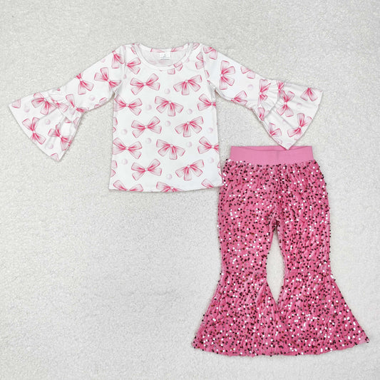 pink bows shirt sequins pants set girls outfit