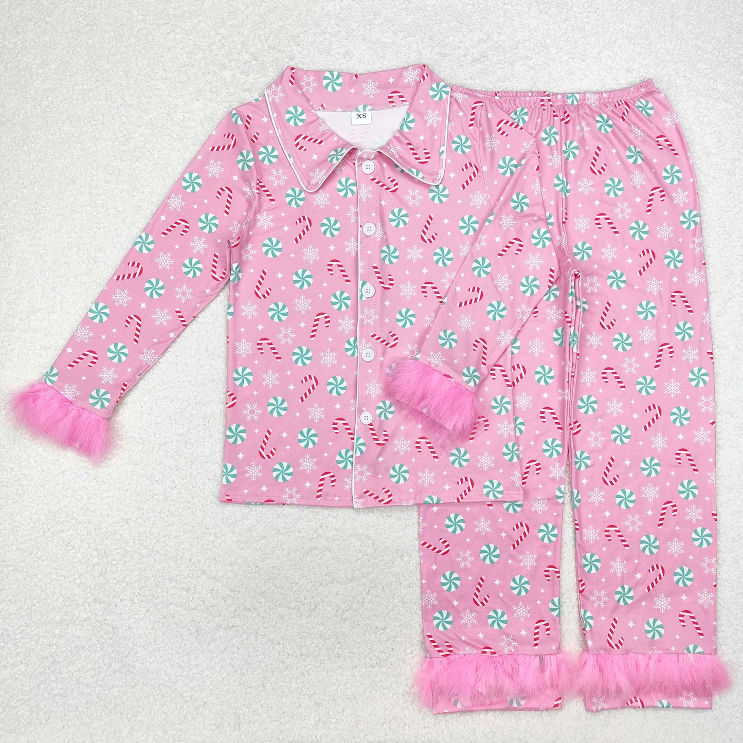 mommy and me adult mama pink candy cane button down fur pajama set