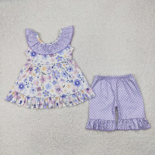 lavender flower print back bow shorts set