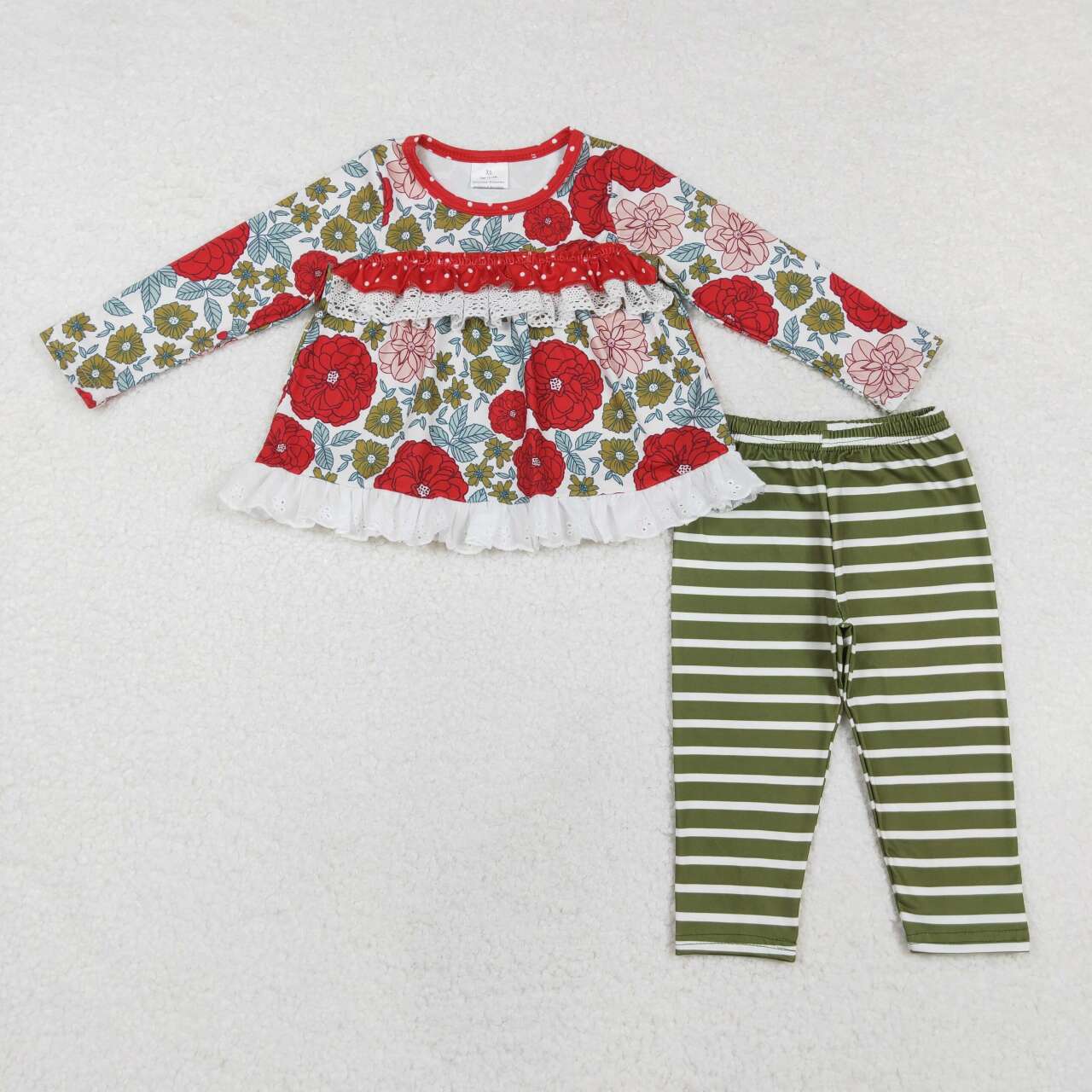 red green flower tunic legging set Christmas girls clothing