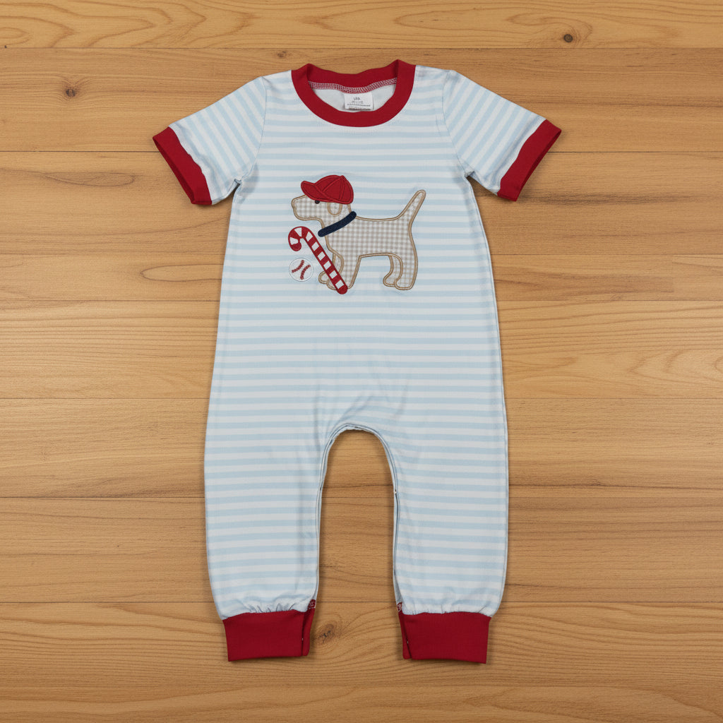 stripes baseball dog embroidery boy romper