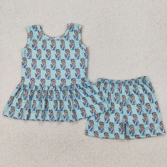 blue ruffle tank top princess shorts set
