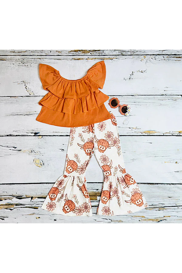 Burnt orange ruffle top w/cow print & flowers bell bottoms 2pc set