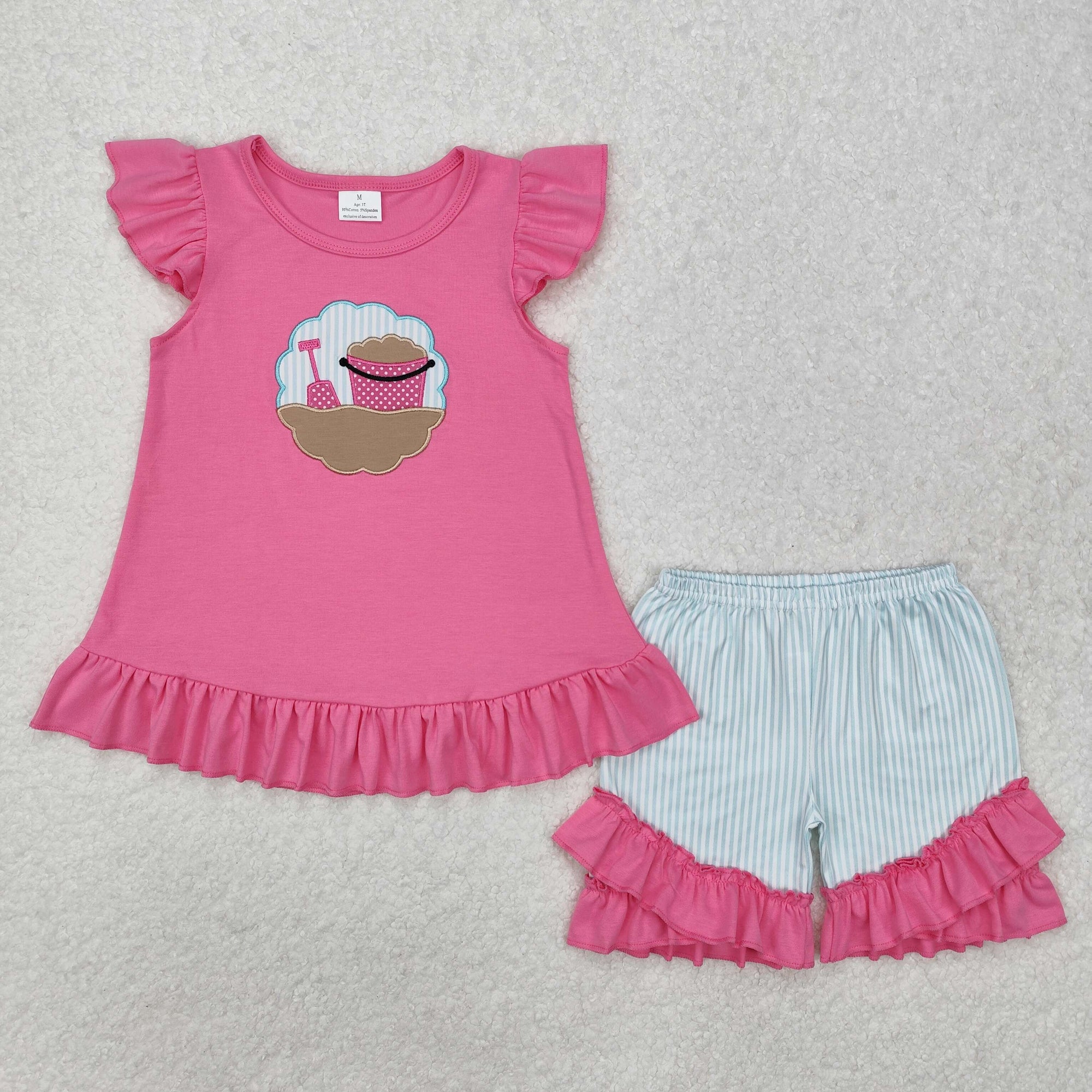 pink beach bucket embroidery baby girls shorts set