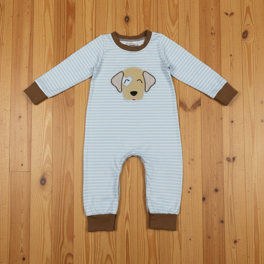 stripes dog embroidery boy romper
