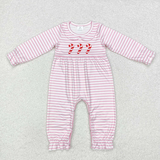 pink striped candy cane print romper