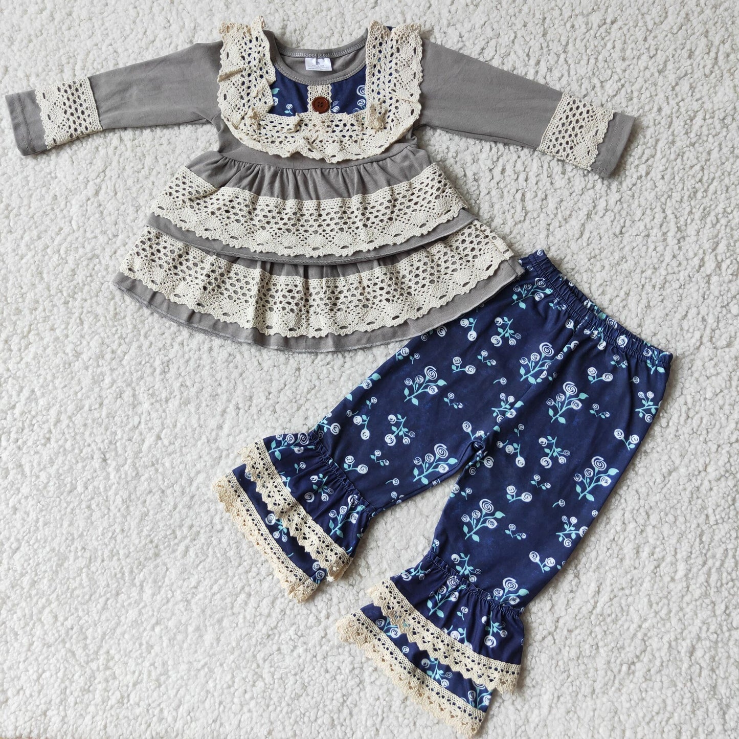 girl cotton gray lace tunic floral pants set