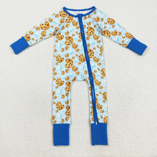 milk biscuit blue Christmas cookies print girl zip sleeper
