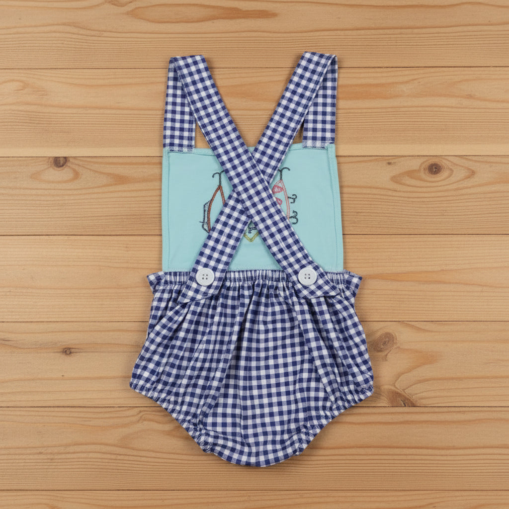 blue gingham fish hook embroidery cross back bubble