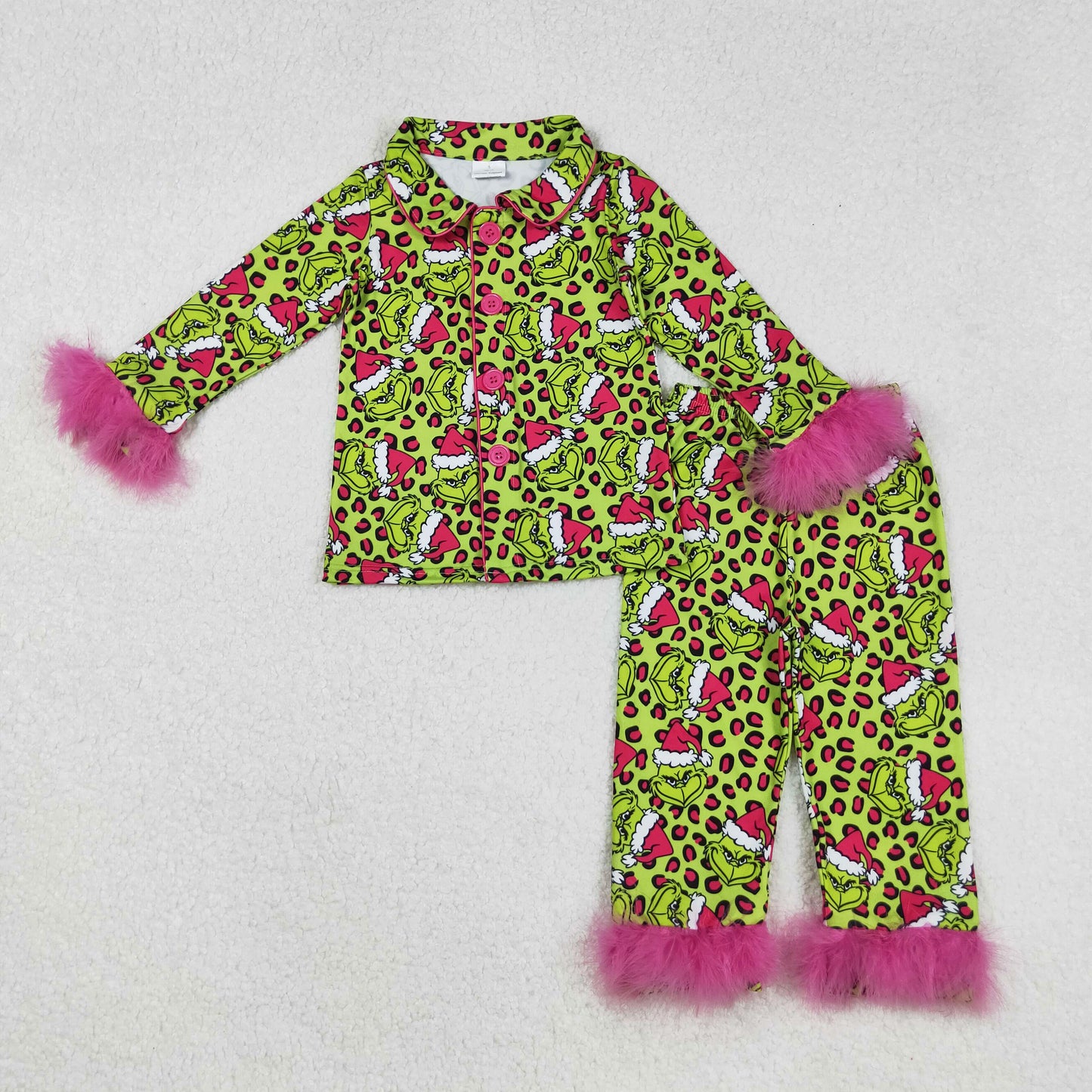 Christmas green leopard gri*ch fur button down pajama set