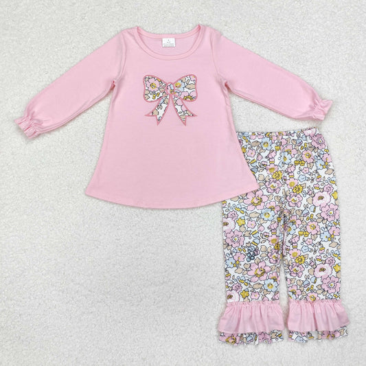 pink floral bow embroidery pants outfit girl fall clothing