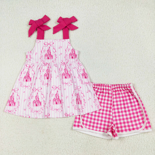 pink castle print strap shorts set