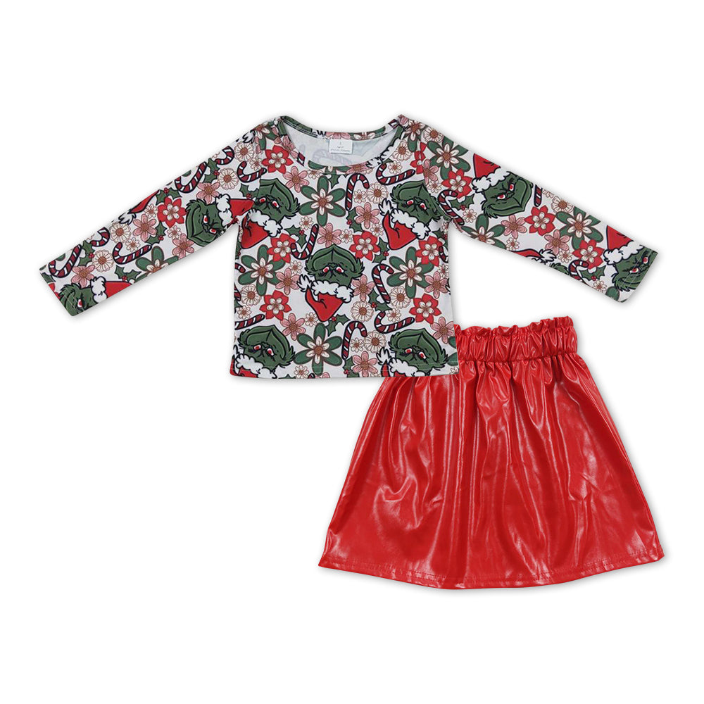 christmas grinchey shirt red leather skirt outfit