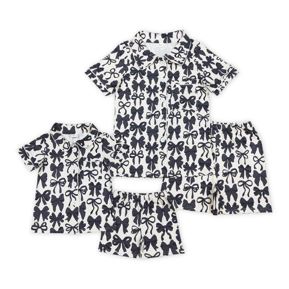 Black Bows Print Mom and Me Summer Buttons Pajamas
