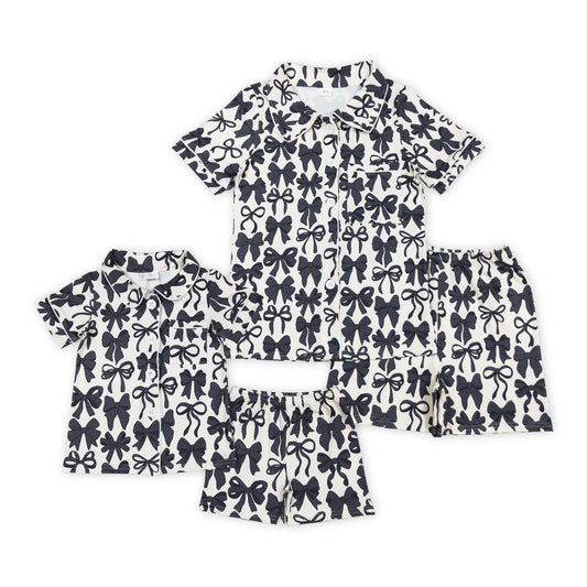 Black Bows Print Mom and Me Summer Buttons Pajamas