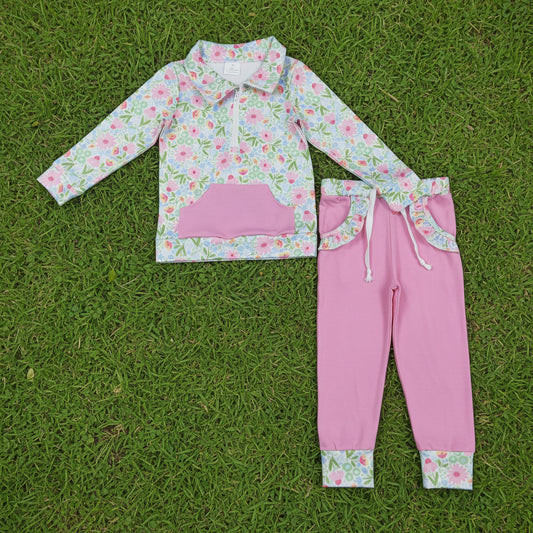 floral zip pullover jogger pants set fall girl outfit