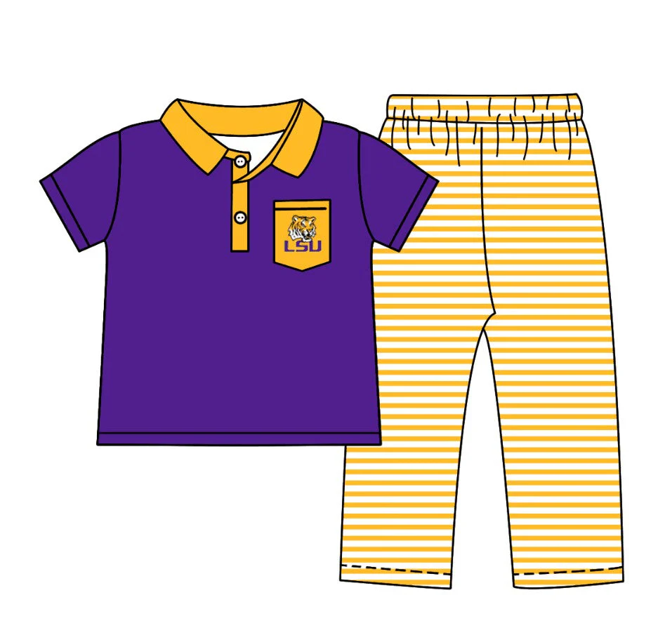 TAT 5-6 weeks MOQ 3 Team's LSU Purple Polo Top Stripes Pants Boys Clothes Set