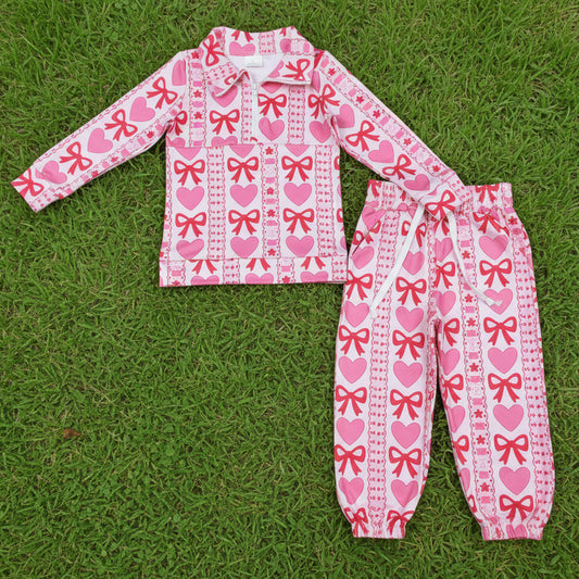 heart and bow print zipper top jogger set girl outfit