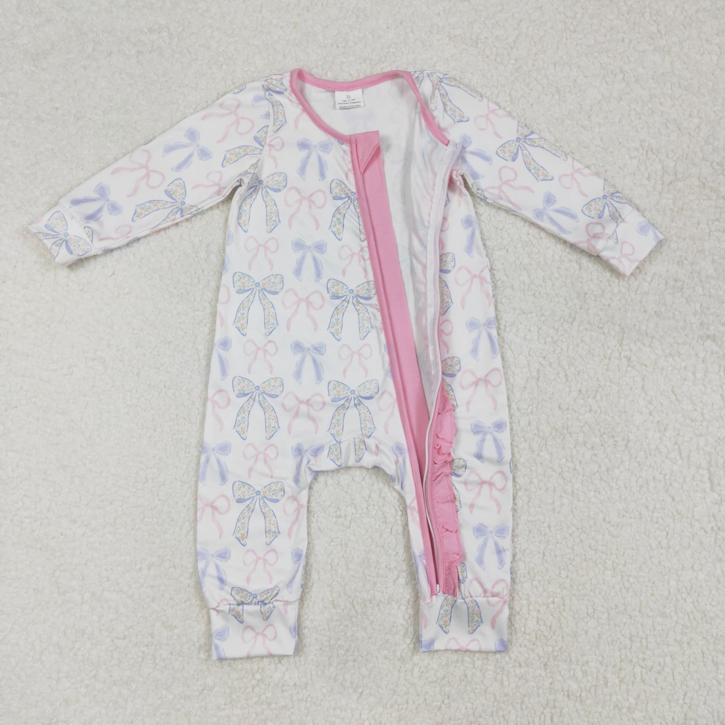 floral pink bow ruffle long sleeve zip sleeper