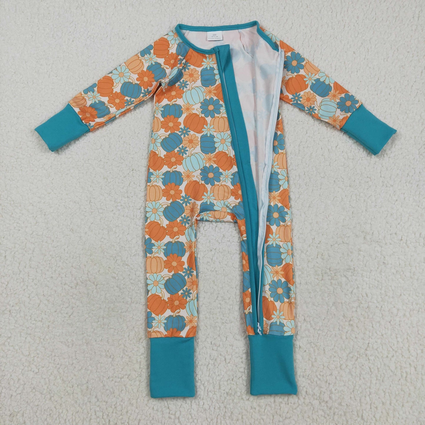 long sleeve floral blue pumpkin girl zip sleeper