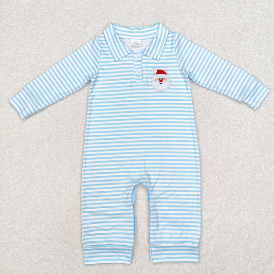 baby boy blue stripe santa claus embroidered polo romper