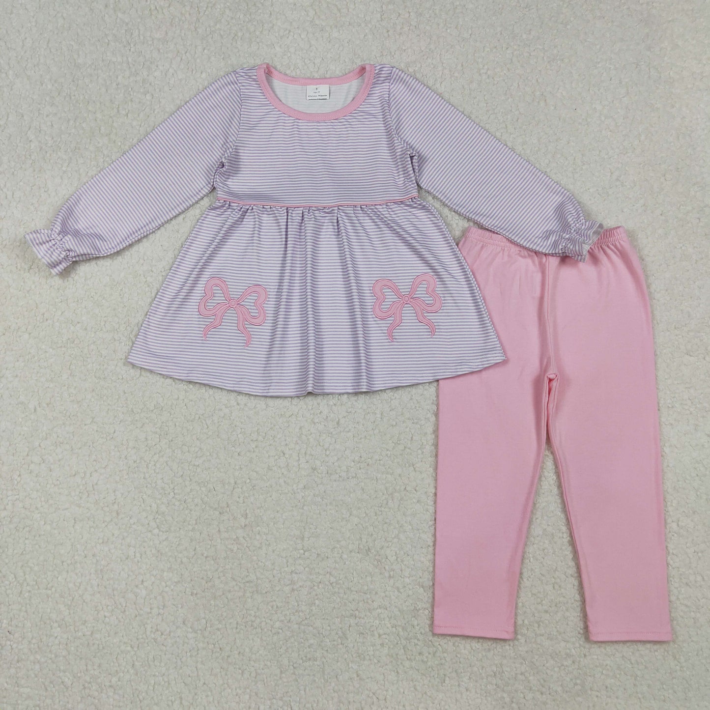 pink bow embroidery stripes legging set fall girl outfit
