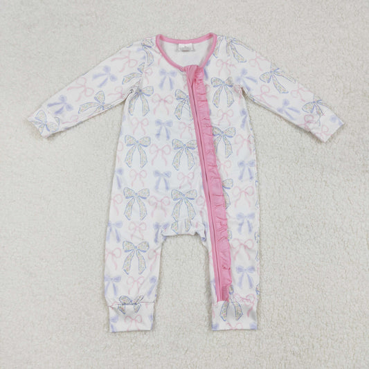 floral pink bow ruffle long sleeve zip sleeper