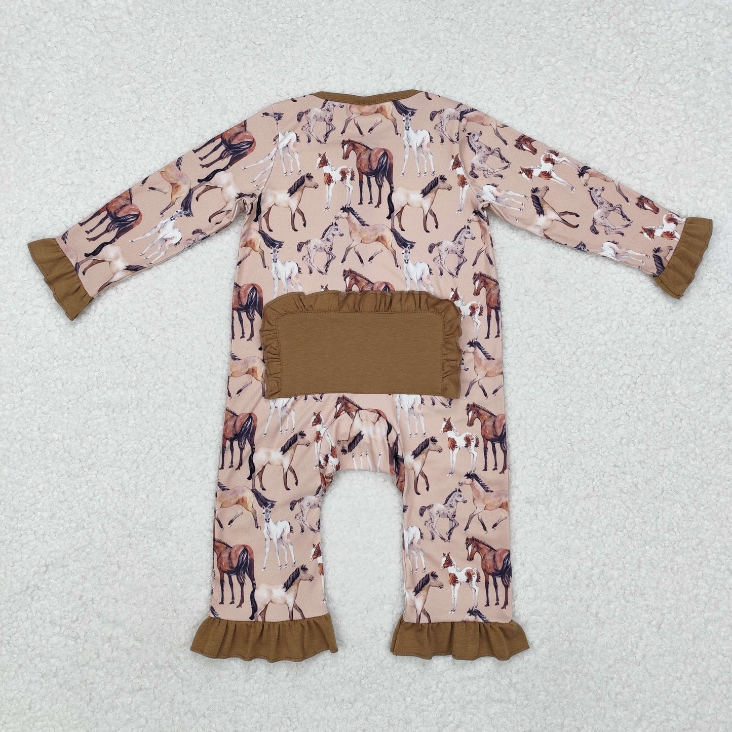 brown horse print ruffle zip sleeper baby clothes