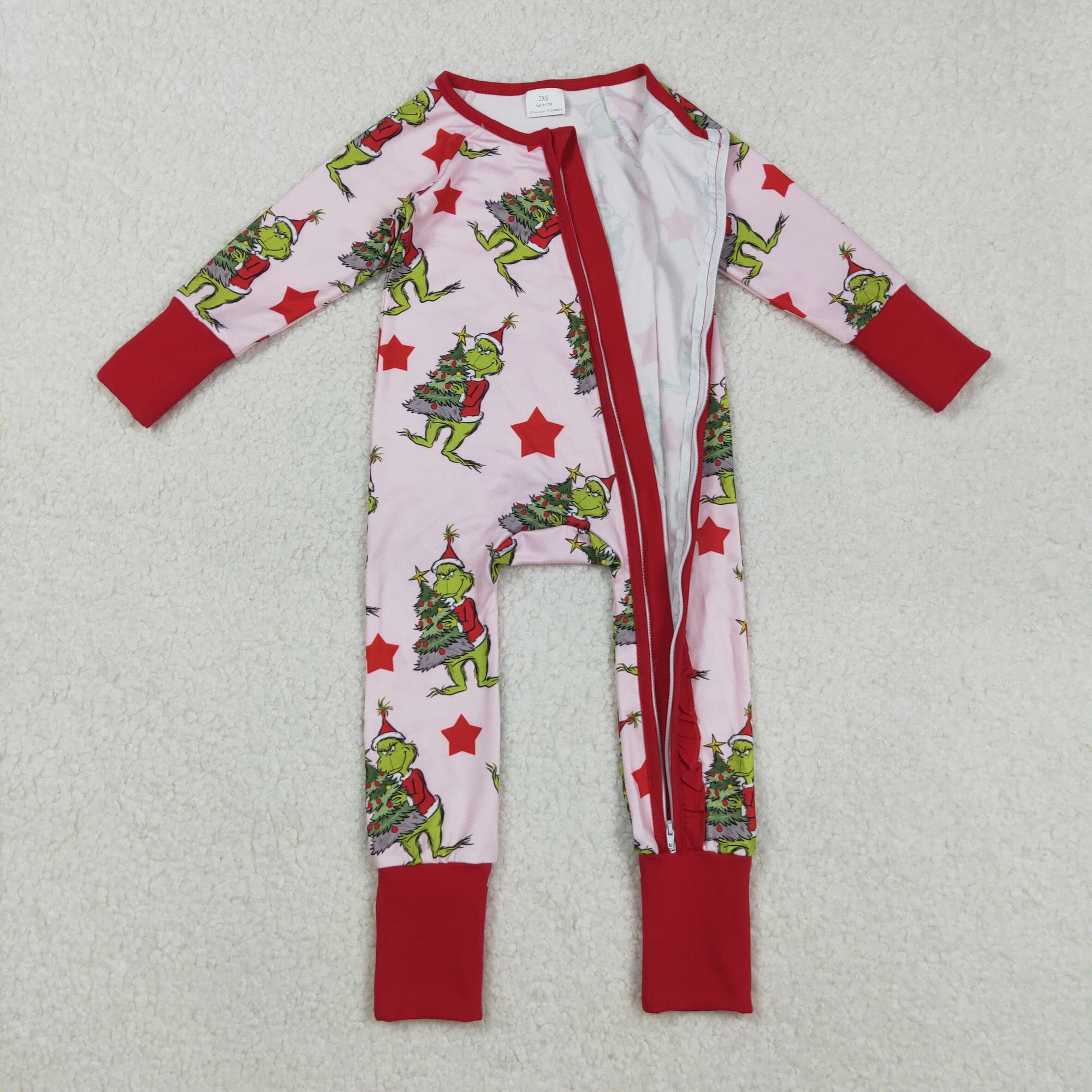 red stars Christmas tree gri*ch ruffle zip sleeper