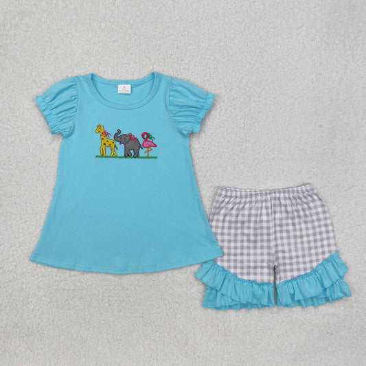 zoo animal embroidery plaid shorts set girl