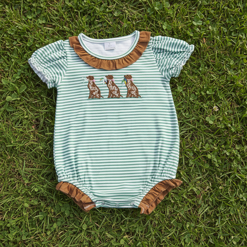green stripes hunting dog embroidery girl bubble