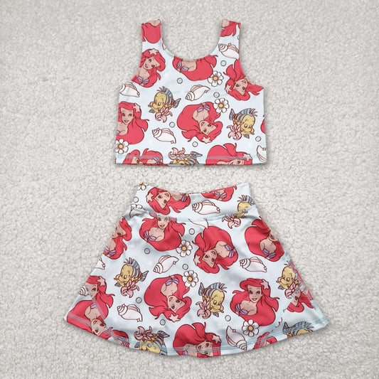 cartoon mermaid princess two pieces athletic skort dress set