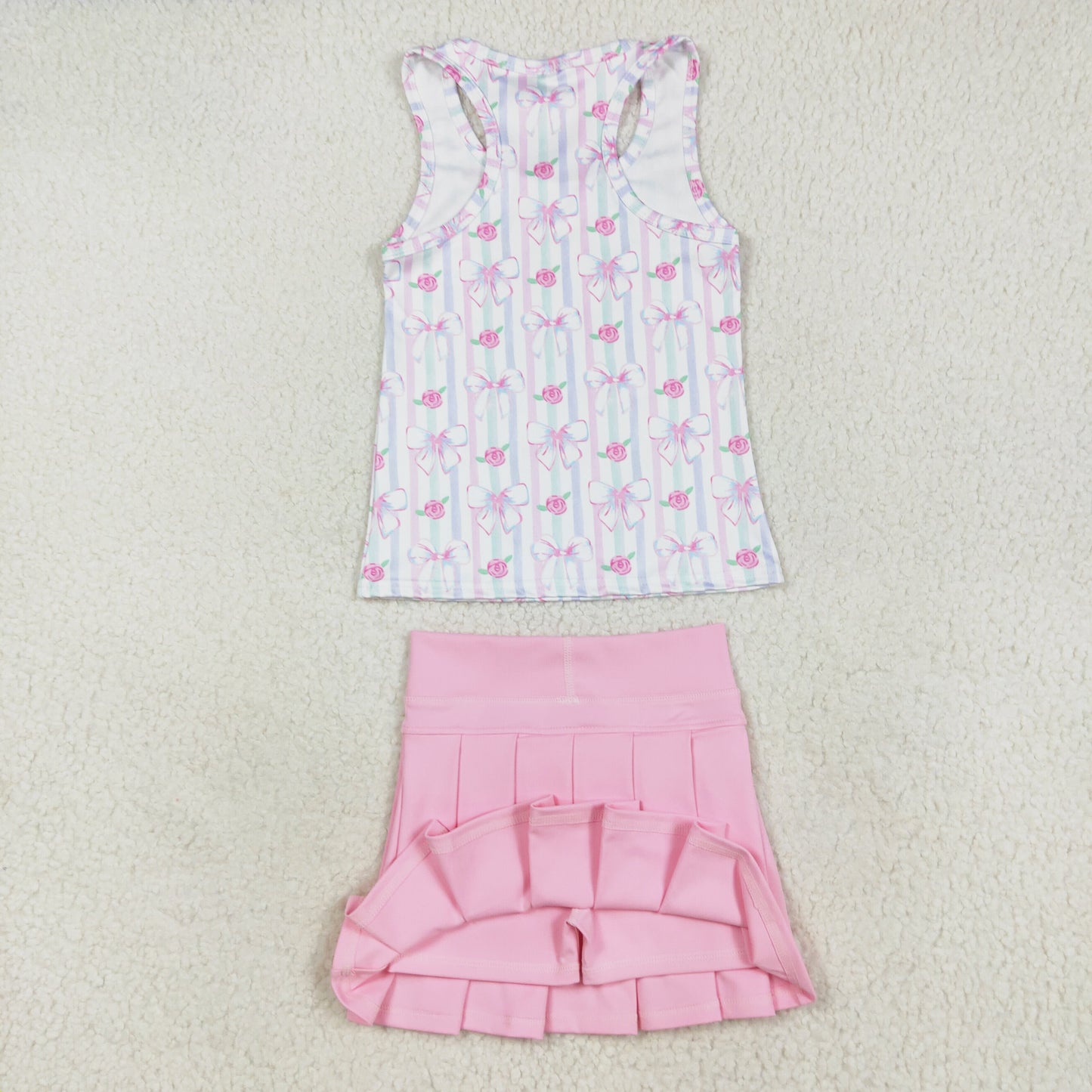 Floral Tank Top Pink Pleated Skirts Set